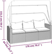 Sofá de jardín de 3 plazas con techo y reposapiés, muebles de jardín tipo lounge, conjunto de jardín, muebles de salón, salón para balcón, rincón de asiento para balcón, zona de estar para jardín, ratán sintético gris