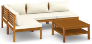 Conjunto de muebles de jardín vidaXL de madera maciza de acacia de 5 piezas con cojines color crema, mesa, sofá central, sofá esquinero, sofá, conjunto de salón, set de jardín, conjunto de mobiliario, grupo de asientos, sofá de jardín