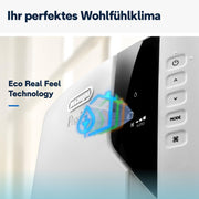De'Longhi Pinguino PAC EM82, aire acondicionado portátil para habitaciones de hasta 80 m³, 9.400 BTU, 2,4 kW, 63 dB, función de deshumidificación, clase energética A, temporizador 24 h, blanco