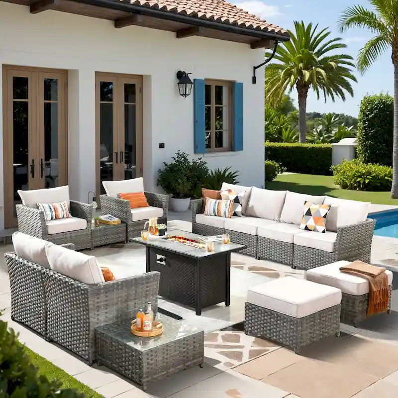 Conjunto de muebles de mimbre para patio exterior de 13 piezas XIZZI con mesa de fuego