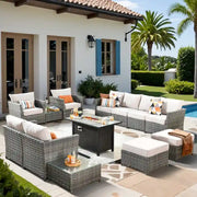 Conjunto de muebles de mimbre para patio exterior de 13 piezas XIZZI con mesa de fuego