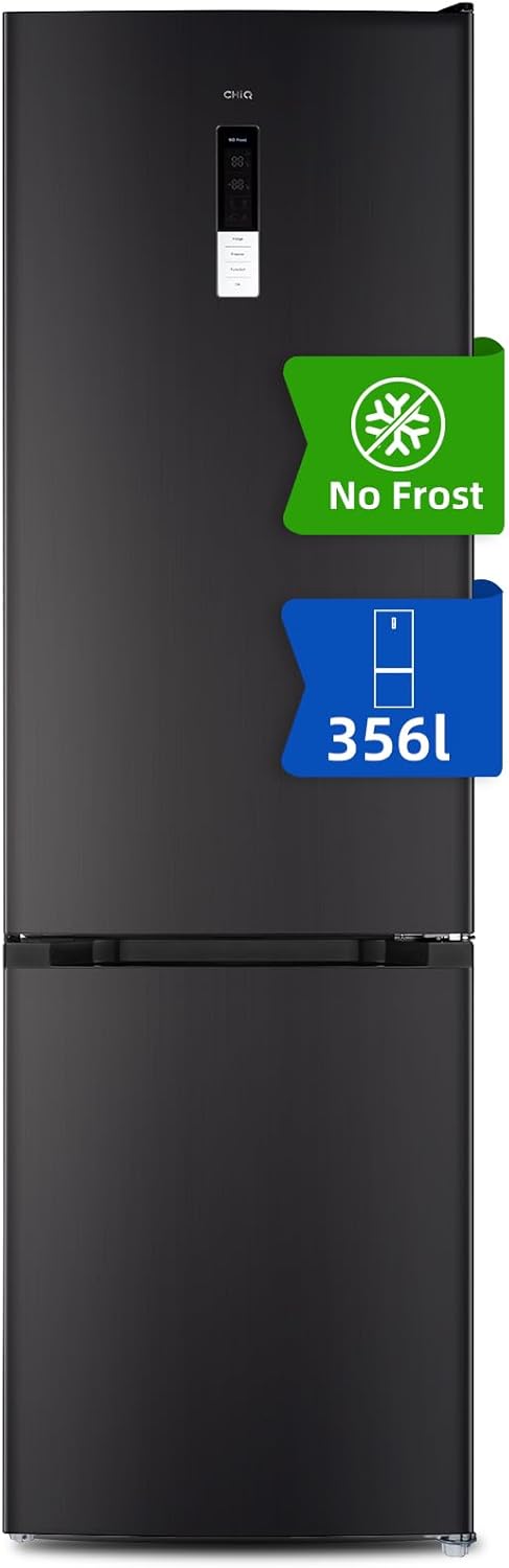 CHIQ Refrigerador congelador combinado, 356 L (260 + 96 L) total, sin escarcha (No Frost), cajón para verduras, cajones profundos, modo vacaciones, alarma de puerta, 12 años de garantía para el compresor, acero inoxidable FBM351LEI42