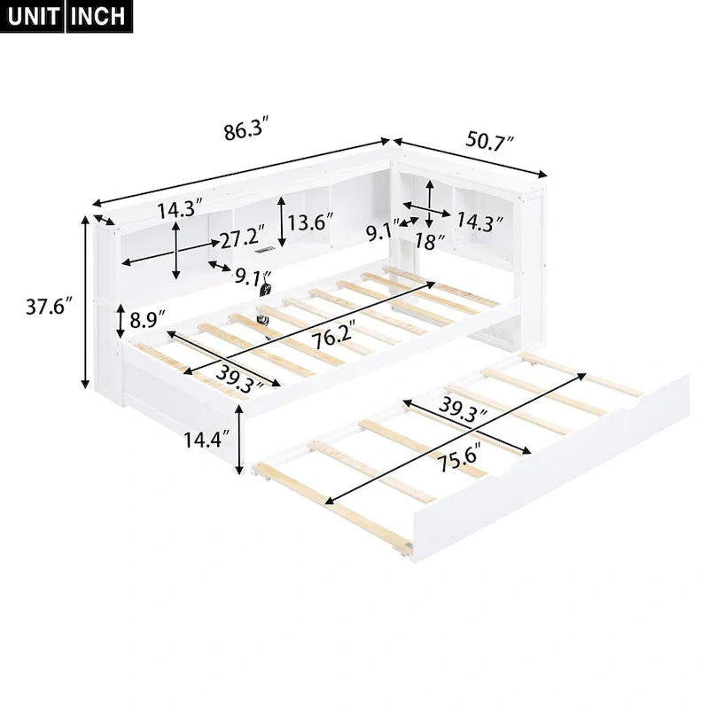 Cama nido individual con cama extraíble, armarios de almacenamiento y puertos USB