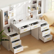 ANWBROAD 150cm Tocador grande con iluminación LED ajustable de 3 colores y enchufes, tocador moderno con espejo, 8 cajones, 6 estantes abiertos, mesa de maquillaje blanco BDT67W