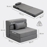 HOMCOM Sillón convertible 1 plaza 3 en 1, sillón cama plegable, sofá individual de lino con asiento amplio, cojín incluido, colchón plegable de 210 cm para invitados, salón, espacios pequeños, gris