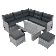 Conjunto de sofá seccional de ratán para exteriores con mesa ajustable y sillones reclinables