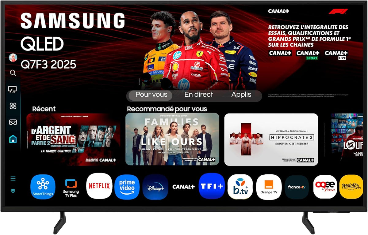 Samsung TV AI 55 pulgadas QLED 55Q7F3 4K Smart TV, Quantum Dots, procesador Q4 AI, WiFi, Airplay, HDR, Q-Symphony, OTS Lite, seguridad Knox, Gaming Hub, Bixby, aplicaciones de operador integradas