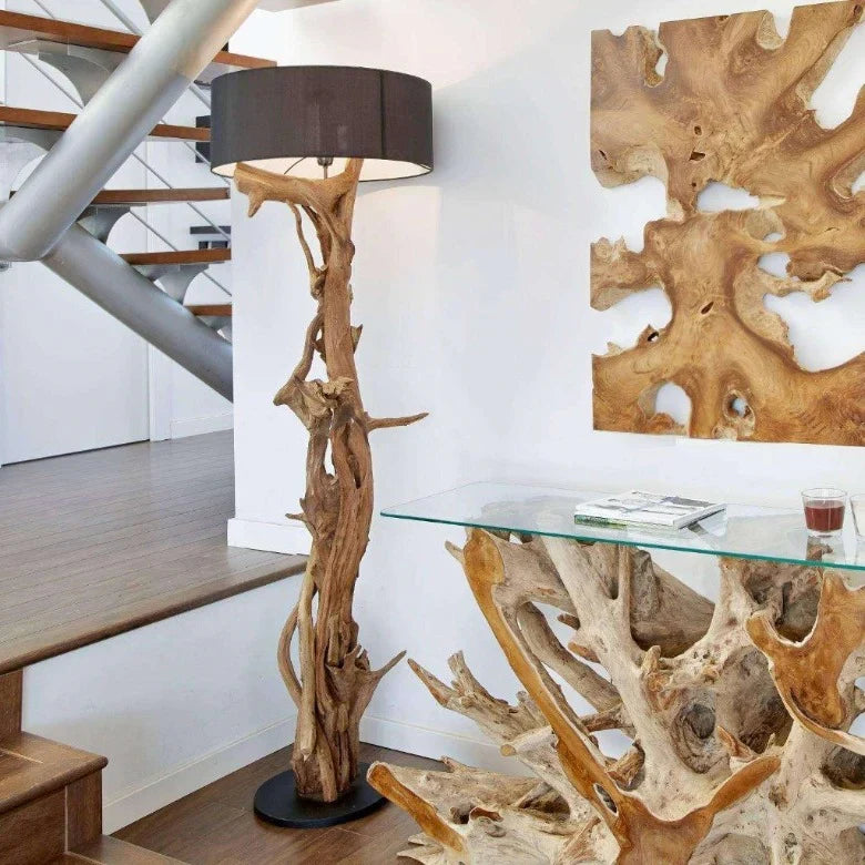 Lámpara de pie de madera de teca BLUMA | Altura 180 cm | incluye pantalla