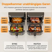 COBNN Freidora de aire vertical de doble compartimento, 11L Dual Zone Airfryer con pantalla a color plegable, 10 programas, ventana de visualización, material ignífugo V0, 2800W