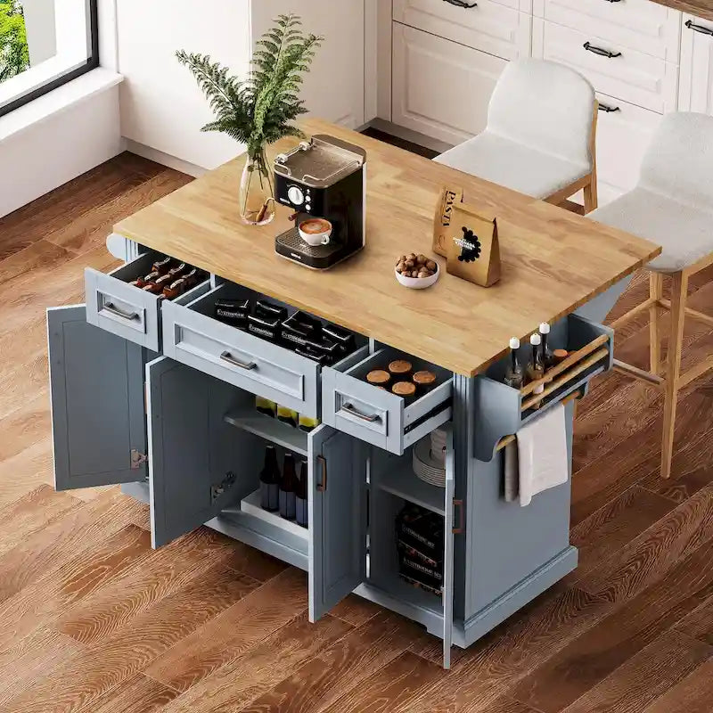54 Isla de cocina grande con ala abatible de madera de caucho, carro de cocina rodante con textura repujada sobre 4 ruedas con 4 puertas y 3 cajones