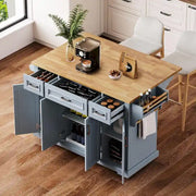 54 Isla de cocina grande con ala abatible de madera de caucho, carro de cocina rodante con textura repujada sobre 4 ruedas con 4 puertas y 3 cajones