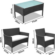 Set de muebles de jardín de ratán sintético para 4 personas, con sofá de 2 plazas, 2 sillas, mesa y cojines, resistente a la intemperie, conjunto de muebles de terraza y balcón en negro para jardín, patio y balcón