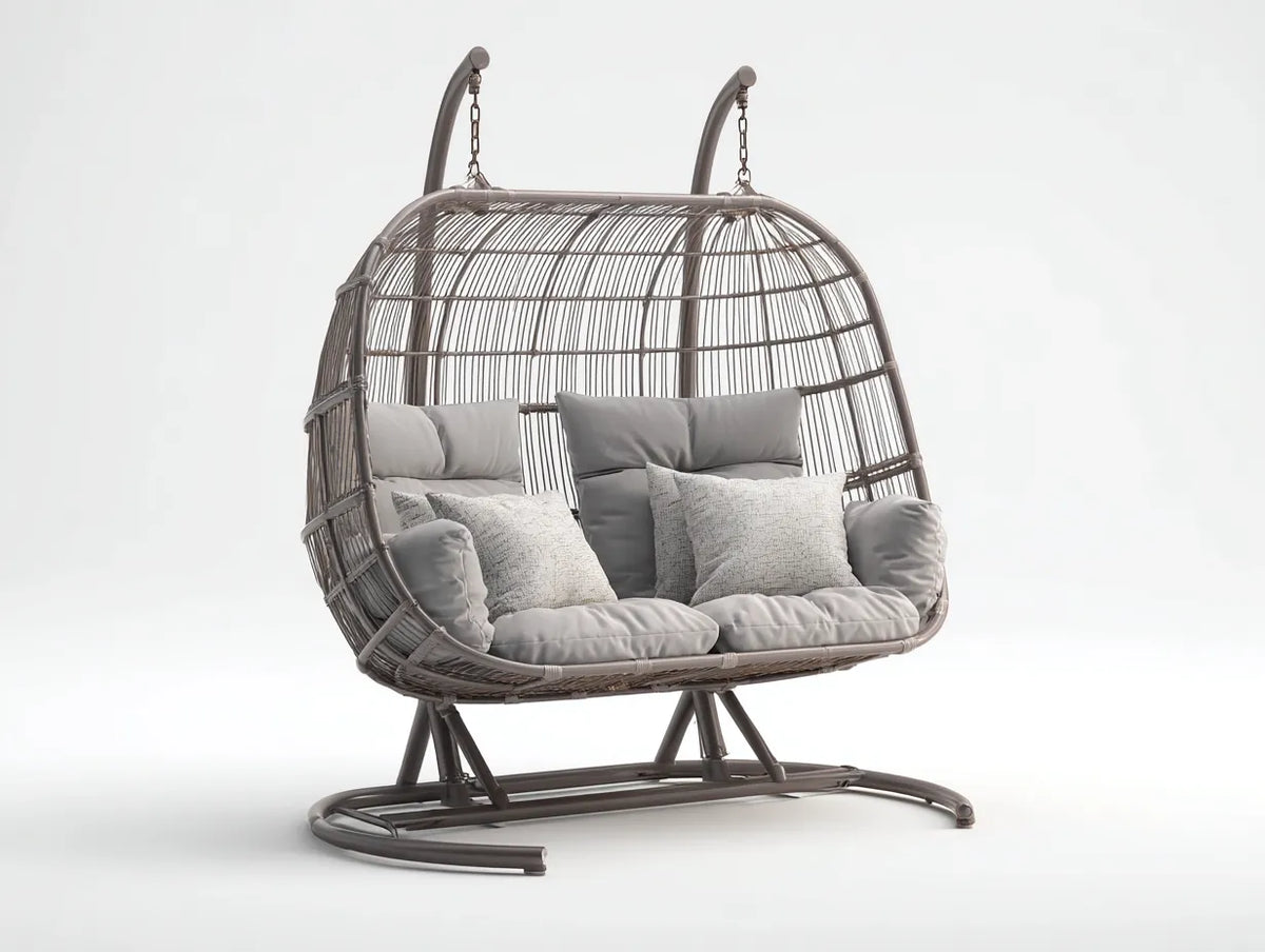 Sillón colgante para jardín-Metal-Ratán-Tela-182x128x206 cm-Beige-Marrón-Atemporal