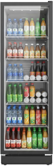 SCHOEPF Refrigerador con puerta de cristal - refrigerador comercial para bebidas - refrigeración por aire forzado - refrigerador con puerta de vidrio - 347 l - 5 estantes de rejilla ajustables - 194,5 cm de altura - GKS350 (Negro)