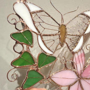 Atrapasueños de mariposa de vidrieras, colgante de ventana de flores rosas, decoración de dormitorio, adornos de mariposa