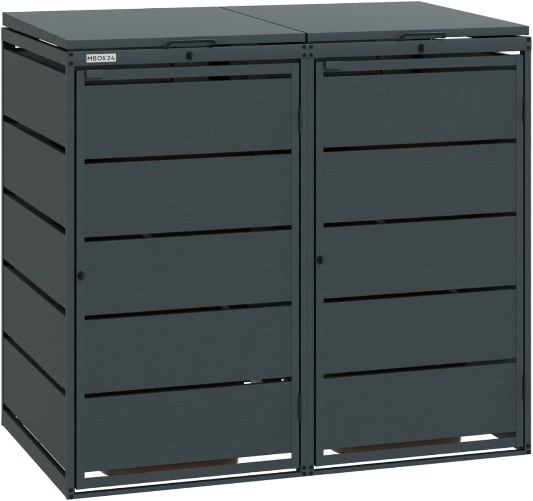 Caja clásica para 2 cubos de basura (240 L) de acero galvanizado, revestimiento metálico para 2 cubos en color antracita, robusto y resistente a la intemperie