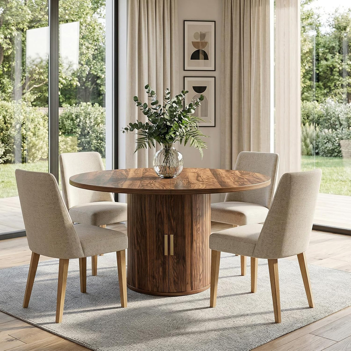 Mesa de comedor extensible, mesa de comedor redonda con base de madera, extensible a ovalada, mesa de cocina moderna para 4-6 personas, marrón rústico, base de pedestal