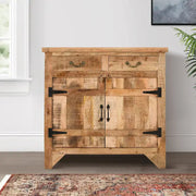Consola de gabinete de 39 pulgadas estilo granja artesanal con 2 cajones de madera de mango y almacenamiento de 2 puertas, marrón rústico