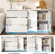 Cómoda blanca de alto brillo con iluminación LED, aparador blanco de alto brillo de 160 cm con 2 puertas y 3 cajones, alacena de cocina, mueble buffet moderno para dormitorio, comedor, oficinas y recibidor