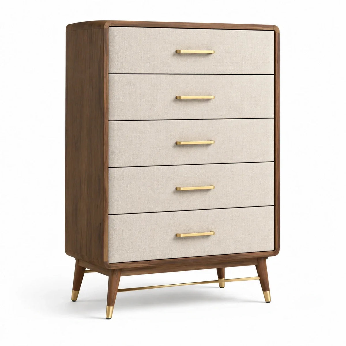 Cómoda de madera, lino beige con tiradores dorados