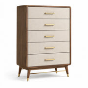 Cómoda de madera, lino beige con tiradores dorados