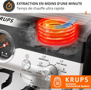 Krups Precision, Máquina de café espresso manual con molinillo, 30 niveles de molienda, 15 bares, boquilla de vapor, 3 temperaturas, interfaz intuitiva, capuchino, XP801T10