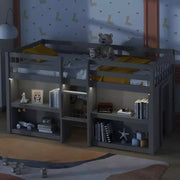 Cama alta infantil individual Whisen de 79.8"L x 43.9"An con estantes de dos niveles y luz LED