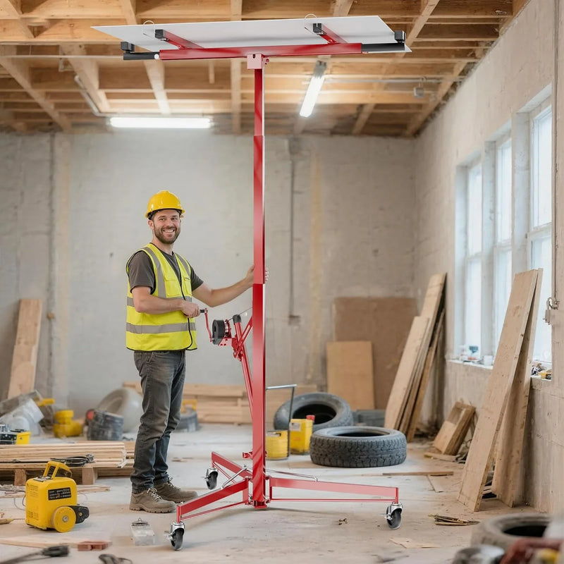 Elevador de paneles XXL 50790 para placas de yeso, 68 kg, altura de trabajo 140-350 cm, ayuda de montaje para una persona, 3 ruedas con freno de estacionamiento
