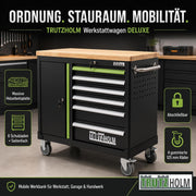 TRUTZHOLM Carro de herramientas vacío Deluxe, carro de taller con 6 cajones y compartimento con puerta, armario de herramientas con cerradura y ruedas con encimera de madera maciza, banco de trabajo móvil 108 x 46,5 x 77 cm, verde/negro