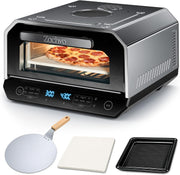 Horno para pizza eléctrico 450°C – Pizza napolitana en 90 segundos, ventana de visualización e iluminación interior, 6 programas y 6 modos de cocción, modo de chef profesional, pala para pizza, piedra para pizza y bandeja de horno, plateado
