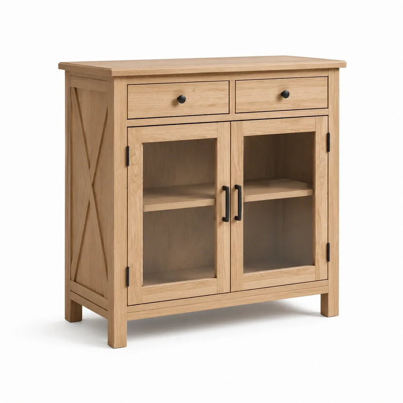 Aparador de madera de roble con puertas de cristal de seguridad y cajones, 100x40x90cm