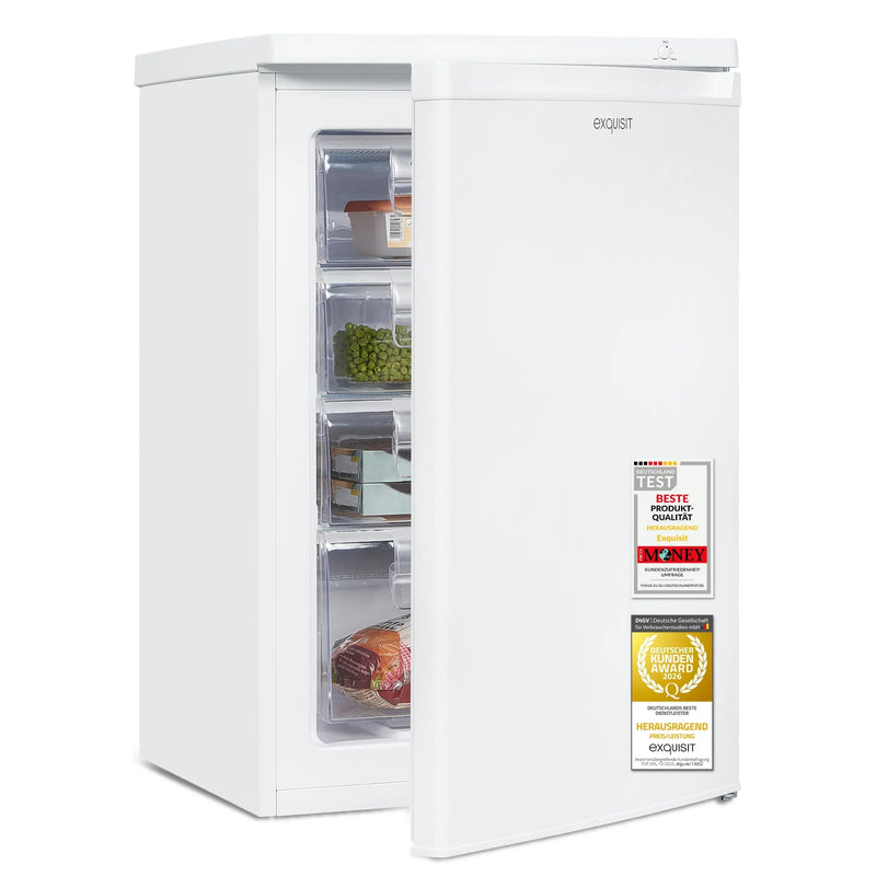 Congelador Exquisit GS512040E 91 l blanco, 4 estrellas, 4 cajones, 40 dB silencioso, puerta reversible, clase energética E