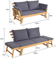 GIANTEX Banco de jardín con función de tumbona, sofá de jardín con reposabrazos plegables, banco de balcón con cojines, banco de exterior de madera de acacia, sofá lounge de 3 plazas, sofá cama para balcón, jardín y terraza | Diseño 3 en 1