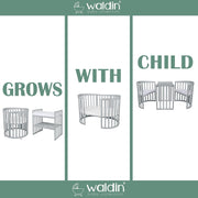 Cuna ovalada evolutiva Waldin, set completo 7 en 1, cuna de barrotes, cama infantil con colchón, cambiador, cuna colecho, madera blanca