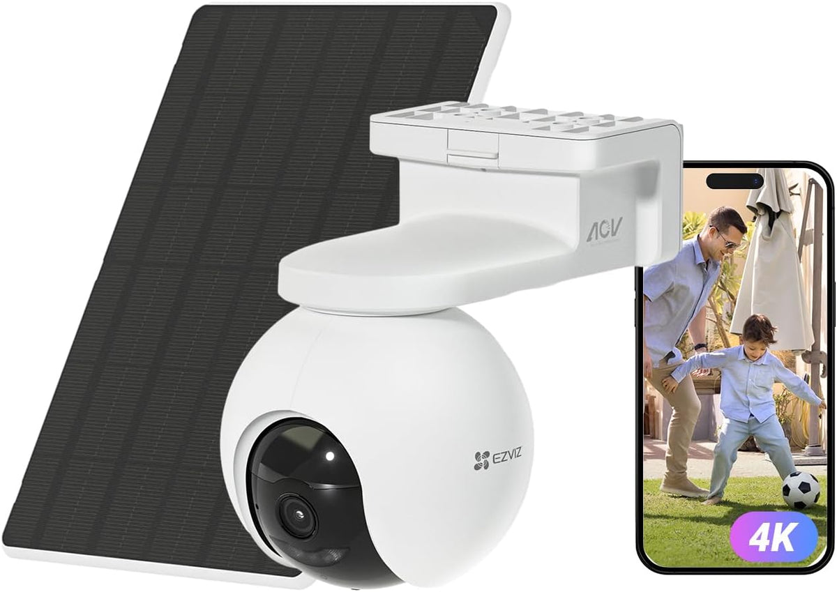 Cámara de vigilancia WiFi exterior inalámbrica EZVIZ 4K (8MP) + panel solar de 5W, detección de personas/vehículos, cámara solar exterior 360°, modo AOV, defensa activa, kit CB8 Pro 4K