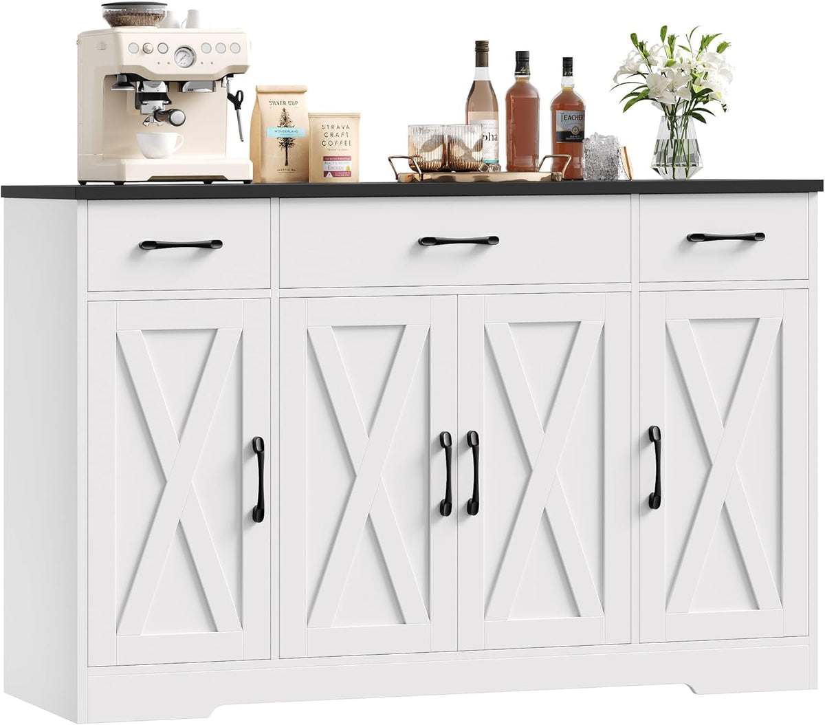 Aparador HOCSOK, armario de cocina de 140 cm de ancho con 2 estantes ajustables, aparador con 3 cajones y 4 puertas, buffet de cocina para salón, cocina, pasillo, blanco y negro
