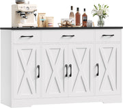 Aparador HOCSOK, armario de cocina de 140 cm de ancho con 2 estantes ajustables, aparador con 3 cajones y 4 puertas, buffet de cocina para salón, cocina, pasillo, blanco y negro