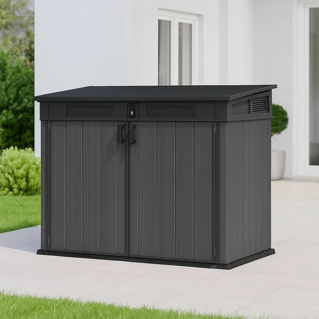 Caseta de jardín 190 x 110 x 132 cm gris/negro resina con suelo y tapa hidráulica