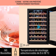 Klarstein Vinoteca, Nevera para Vinos con Puerta de Cristal, Bodega Envejecedora, Zona Única, Prosecco, Cerveza, Pantalla Táctil, Minibar, Frigorífico, Protección UV, 5-18°C, 52 Botellas