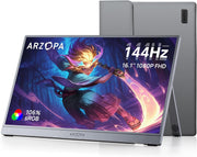 Monitor portátil ARZOPA de 16,1'' y 144 Hz con funda de almacenamiento, 106% sRGB 1920 × 1080p FHD HDR 144 Hz, ultrafino - Segundo monitor externo para portátil/PC/Mac/PS3/4/5/Xbox - Z1FC (Gris)