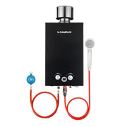 CAMPLUX Calentador de agua a gas 10L 50mbar BW264BC-DE Acero inoxidable Tapa impermeable Propano Butano Camping Autocaravana Lavadero A+