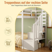 Litera, cama alta, cama infantil 90x200 cm con protección anticaídas y escalera con almacenamiento, cama juvenil, con ventana, madera maciza, blanco