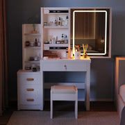 Tocador blanco, mesa de cosméticos con espejo y taburete, tocador con iluminación LED, mesa de maquillaje con 4 cajones, conjunto de tocador para dormitorio, 135 * 80 * 36 cm