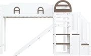 Kinderbett Etagenbett 90x200,Hausbett Hochbett mit Rutsche&Regal&Stauraum Treppe,Bettgestell mit Rausfallschutz&Lattenrost, Funktionsbett Stockbett Spielbett Jugendbett,Kiefernholz,Ohne Matratze,Weiß