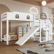 Kinderbett Etagenbett 90x200,Hausbett Hochbett mit Rutsche&Regal&Stauraum Treppe,Bettgestell mit Rausfallschutz&Lattenrost, Funktionsbett Stockbett Spielbett Jugendbett,Kiefernholz,Ohne Matratze,Weiß