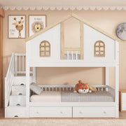 Cama alta Merax 90x200cm, litera infantil para 2 niños, cama casita con escalera, almacenaje y cajones, cama tipo casa del árbol con ventana y techo, protección anticaídas y somier, pino+MDF, sin colchón, blanca