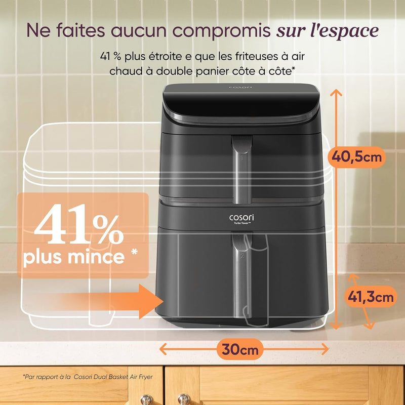 Freidora de aire COSORI Turbo Tower 10,8 L, sin aceite, con 2 cajones, 3 niveles de cocción, 6 en 1, diseño compacto y apilable, 41 % menos ancha que las freidoras de aire dobles tradicionales, más de 20 recetas