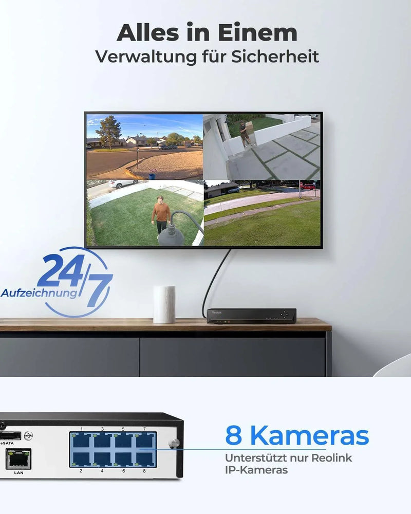 Grabador de videovigilancia NVR PoE 4K de 8 canales con disco duro de 2 TB RLN8-410, compatible con sistema de cámaras IP para interiores y exteriores del hogar