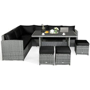 Conjunto de muebles de comedor para patio de 7 piezas de ratán con sofá seccional, mesa de comedor, otomanas y cojines