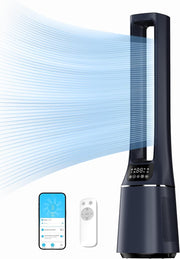 Ventilador de torre 2 en 1 Midea MFP-120i (BL) silencioso 38 dB, purificador de aire con filtro HEPA H13 para 47,6 ㎡, pantalla LED, mando a distancia, oscilación, temporizador de 12 h, compatible con conexión inalámbrica, App, Alexa y Google